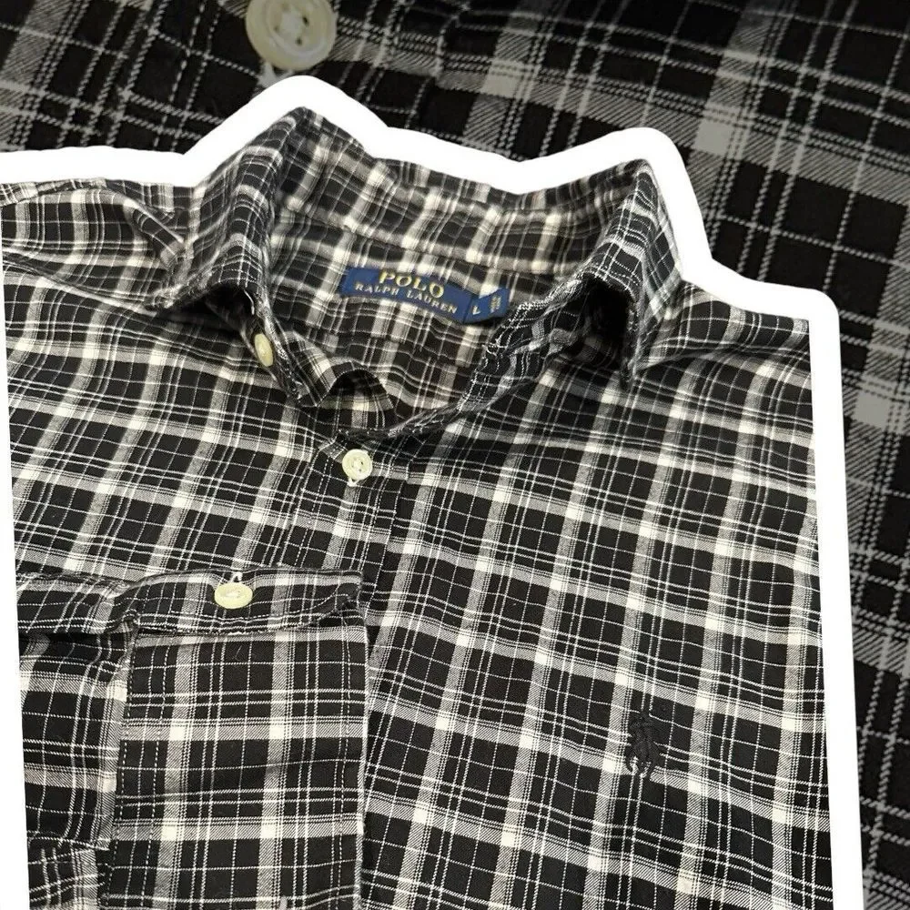 Mens Polo Ralph Lauren Long Sleeve Black/White Plaid‎ Button Up Shirt Large
